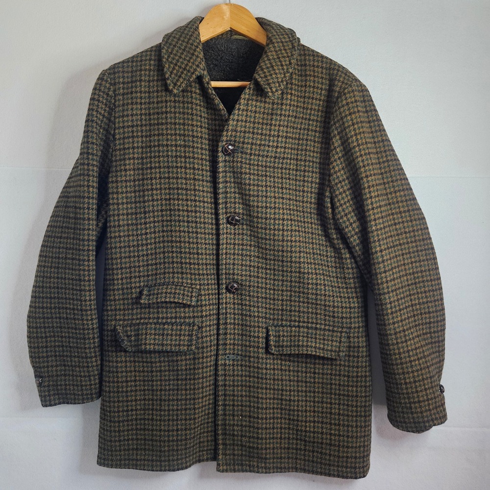 Vintage Silton California Houndstooth Wool Car Coat Pile Lined Green Brown 38